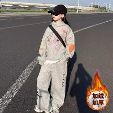批发女童连帽卫衣套装秋冬季2025新款中大童洋气女孩加绒加厚两件套潮