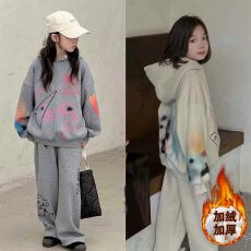 批发女童涂鸦卫衣套装秋冬季新款中大童潮酷风女孩连帽衫阔腿裤两件套
