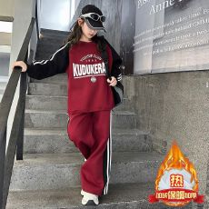 批发女童加绒套装秋冬季新款韩版中大童潮酷风女孩拼色卫衣卫裤两件套