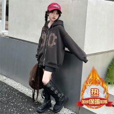 批发女童加绒外套秋冬季新款儿童潮酷女孩连帽开衫一体绒百搭卡通卫衣
