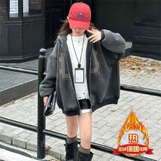 批发女童秋冬款卡通印花外套2025新款女大童加绒加厚休闲连帽开衫上衣