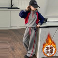 批发女童加绒套装秋冬季2025新款中大童洋气女孩拼色卫衣阔腿裤两件套