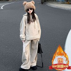 批发女童加绒卫衣套装秋冬季新款中大童洋气女孩潮酷风连帽衫两件套潮