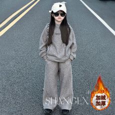 批发女童加绒卫衣套装秋冬装新款韩版中大童洋气女孩连帽衫卫裤两件套