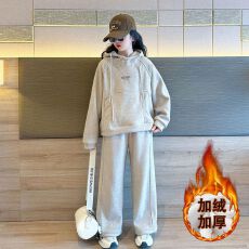 批发女童连帽卫衣套装2025秋冬新款韩版中大童洋气女孩加绒加厚两件套