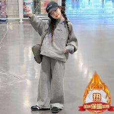批发女童一体绒套装秋冬2025新款中大童连帽外套加厚休闲裤加绒两件套