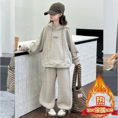 批发童加绒加厚套装秋冬装2025新款中大童时髦女孩连帽卫衣卫裤两件套