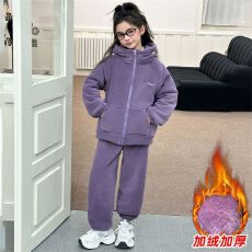 批发女童套装秋冬季2025新款韩版洋气时髦儿童纯色运动拉链上衣两件套