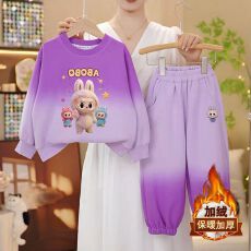 批发女童渐变加绒卡通卫衣套装2025新款小女孩秋冬装加厚运动裤两件套