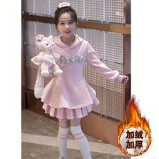 批发<b class='q'>女童</b>卫<b class='q'>衣</b>套装裙冬装新款韩版儿童洋气女孩连帽上衣百褶裙两件套潮