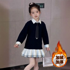 批发<b class='q'>女童</b><b class='q'>连衣裙</b>2025秋冬新款洋气学院风甜美纯色拼接polo领长袖卫衣裙