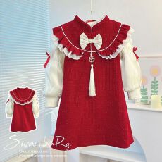 批发拜年服女童连衣裙冬装2025新款儿童裙子红色中国风女孩喜庆过年服