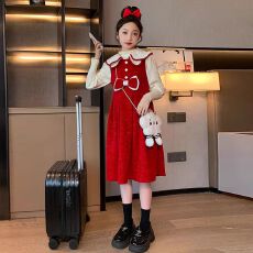 批发女童红色连衣裙秋冬2025新款洋气儿童背心裙拜年服裙子两件套装潮