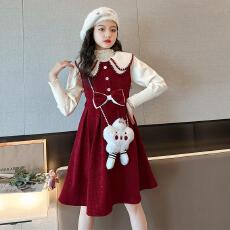 批发女童红色连衣裙秋冬2025新款洋气儿童背心裙套装时髦拜年服裙子潮