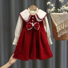 批发女童秋冬款连衣裙大童2025学院风马甲背心裙子套装红色公主新年装