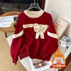 批发拜年服女童秋冬款红色加绒毛衣洋气儿童蝴蝶结拼色针织衫加厚上衣