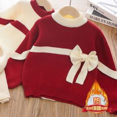 批发女童拜年服秋冬新年红色加绒毛衣洋气儿童蝴蝶结拼色针织加厚上衣