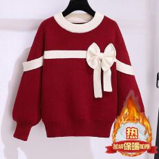 批发女童蝴蝶结毛衣秋冬款新款儿童洋气女孩加绒加厚针织保暖百搭上衣