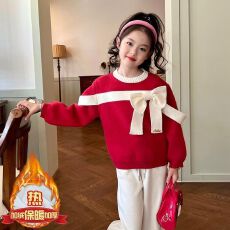 批发女童加绒毛衣秋冬2025新款儿童洋气女孩百搭蝴蝶结针织打底衫上衣