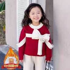 批发女童新年拜年服冬季毛衣新款洋气儿童蝴蝶结针织衫加绒过年打底衫