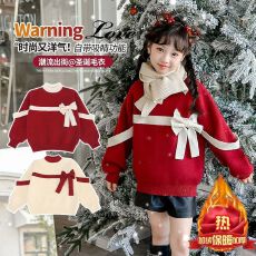 批发女童针织衫秋冬装新款儿童甜美女孩蝴蝶结百搭上衣加绒保暖毛衣潮