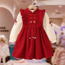 批发拜年服儿童红色连衣裙套装2025冬季新款洋气喜庆本命年儿童两件套