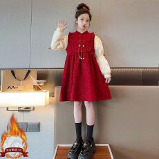 批发拜年服女童过年红色套装2025冬季新年大童洋气公主裙连衣裙两件套