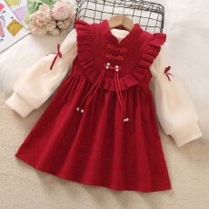 批发拜年服女童过年套装2025冬季新年大童洋气公主裙红色连衣裙两件套
