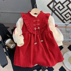 批发拜年服女童红色连衣裙套装2025冬季新年大童洋气过年公主裙两件套