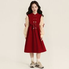 批发女童红色加绒连衣裙冬季2025儿童旗袍拜年服战袍国风新过年公主裙