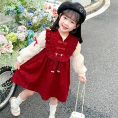 批发女童连衣裙2025新款套装秋季童装过年圣诞红色儿童公主裙两件套潮