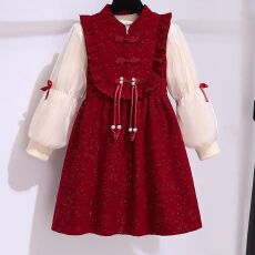 批发<b class='q'>女</b><b class='q'>童</b>中国风盘扣连衣裙2025秋冬<b class='q'>背心</b>裙洋气儿童红色新年拜年服裙子