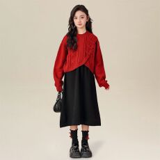 批发红色拜年服女童冬季连衣裙2025新款洋气童装套装儿童毛衣裙两件套