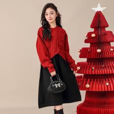 批发女童过年冬季连衣裙2025新款洋气女大童套装儿童红色毛衣裙两件套