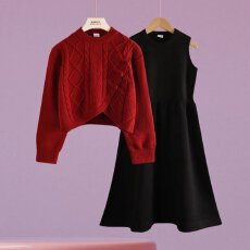 批发新年装女童秋冬套装2025新款洋气休闲儿童中大童针织保暖两件套潮