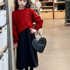 批发新中式拜年服2025新款秋冬款喜庆洋气儿童红色毛衣女童连衣裙套装