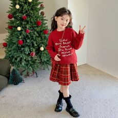 批发女童针织套装裙秋冬装新款中大童洋气喜庆毛衣格子半身裙两件套潮