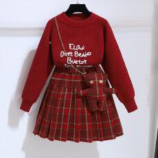 批发拜年服女童毛衣套装秋冬款洋气红色新年装连衣裙儿童百褶裙两件套