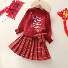 批发拜年服女童毛衣套装裙2025冬季新款中大童女孩过年喜庆连衣裙红色