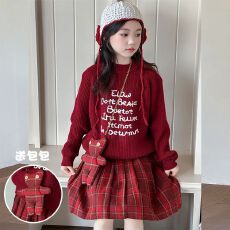 批发女童毛衣套装秋冬款2025新款洋气儿童红色针织衫格子百褶裙两件套