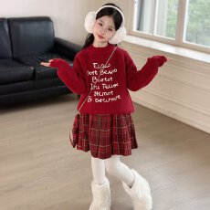 批发女童毛衣套装秋冬款2025新款洋气儿童女孩红色拜年服中大童两件套