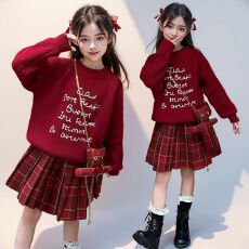 批发女童新年套装2025新款儿童红色毛衣外套冬装女孩格纹百褶裙两件套