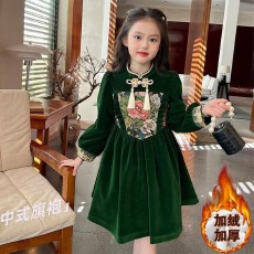 批发女童加绒连衣裙秋冬季儿童装复古丝绒公主裙女孩国风新中式旗袍裙