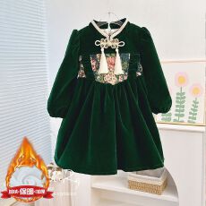 批发女童连衣裙秋冬季中大童金丝绒长袖公主裙儿童中国风加绒加厚裙子