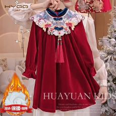 批发汉服女童加绒连衣裙冬装2025新款儿童红色喜庆丝绒裙新中式拜年服