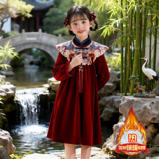 批发女童红色中国风连衣裙刺绣丝绒新年拜年服2025新款大儿童加绒唐装