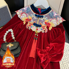 批发女童加绒连衣裙冬装2025新款洋气儿童红色丝绒裙大童中国风拜年服