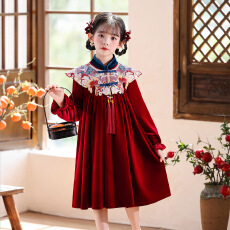批发女童中国风云肩连衣裙长袖秋冬新款新年红色儿童裙子女孩生日裙