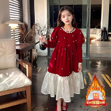 批发女童红色连衣裙冬季加绒拜年服2025新款亮片礼服丝绒公主裙蓬蓬裙