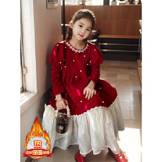 批发女童秋冬喜庆裙子2025新款洋气红色加绒连衣裙儿童泡泡袖公主裙子